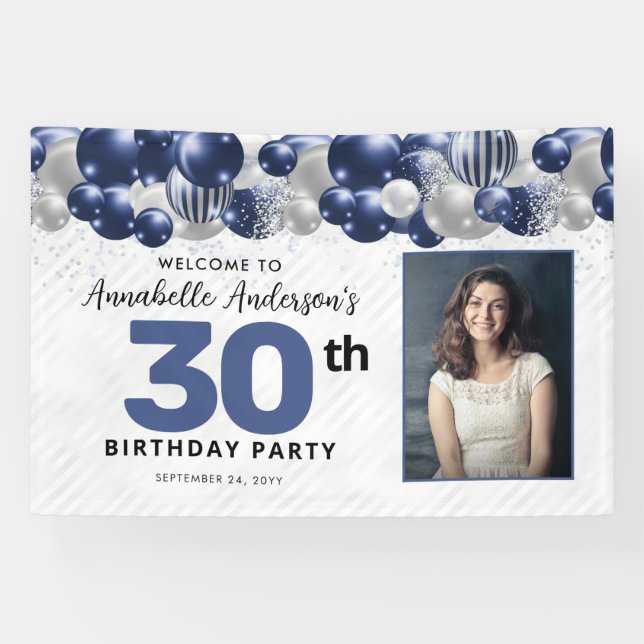 Navy Blue Silver Balloon Glitter Photo Welcome Banner (Horizontal)