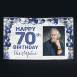 Navy Blue Silver Balloon Photo 70th Birthday Banner<br><div class="desc">Modern Navy Blue Silver Grey Glitter Sparkle Balloon Confetti Happy Birthday Photo Any Age Party Banner</div>