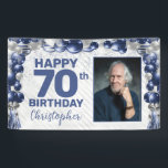 Navy Blue Silver Balloon Photo 70th Birthday Banner<br><div class="desc">Modern Navy Blue Silver Grey Glitter Sparkle Balloon Confetti Happy Birthday Photo Any Age Party Banner</div>