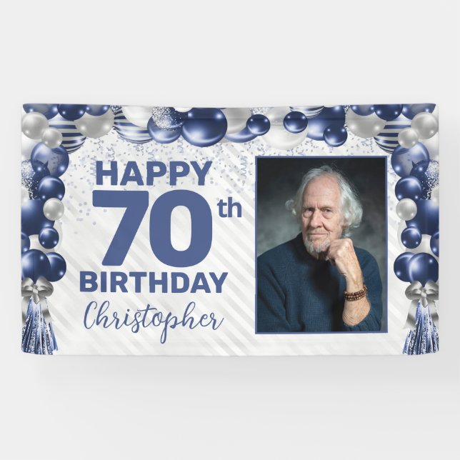 Navy Blue Silver Balloon Photo 70th Birthday Banner (Horizontal)