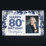 Navy Blue Silver Balloon Photo 80th Birthday Banner<br><div class="desc">Modern Navy Blue Silver Grey Glitter Sparkle Balloon Confetti Happy Birthday Photo Any Age Party Banner</div>