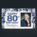 Navy Blue Silver Balloon Photo 80th Birthday Banner<br><div class="desc">Modern Navy Blue Silver Grey Glitter Sparkle Balloon Confetti Happy Birthday Photo Any Age Party Banner</div>