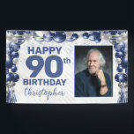 Navy Blue Silver Balloon Photo 90th Birthday Banner<br><div class="desc">Modern Navy Blue Silver Grey Glitter Sparkle Balloon Confetti Happy Birthday Photo Any Age Party Banner</div>