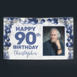 Navy Blue Silver Balloon Photo 90th Birthday Banner<br><div class="desc">Modern Navy Blue Silver Grey Glitter Sparkle Balloon Confetti Happy Birthday Photo Any Age Party Banner</div>