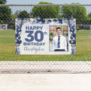 Navy Blue Silver Balloon Photo Any Age Birthday Banner
