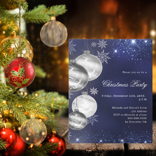 Navy blue silver bauble Christmas Party invitation