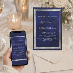 Navy blue silver birthday invitation<br><div class="desc">A trendy,  modern 50th (or any age) birthday party invitation card for men,  guys,  male.   A navy blue background. The blue colour is uneven.  With a faux silver frame. Personalise and add your name and party details.
Back: blue background</div>