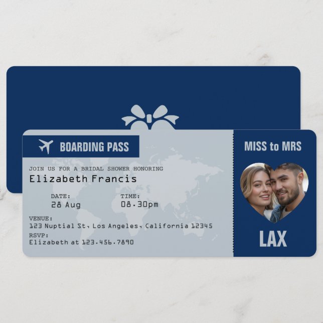 Navy Blue & Silver Boarding Pass Bridal Shower Invitation (Front/Back)