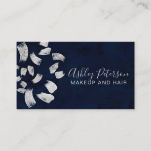Navy blue silver brushstrokes makeup typography business card