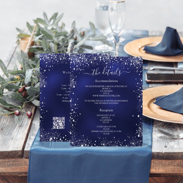 Navy blue silver budget wedding program details QR Flyer (Creator Uploaded)