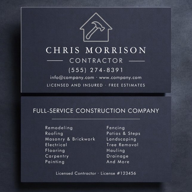 Navy Blue Silver Building Construction Coontractor Business Card (Creator Uploaded)