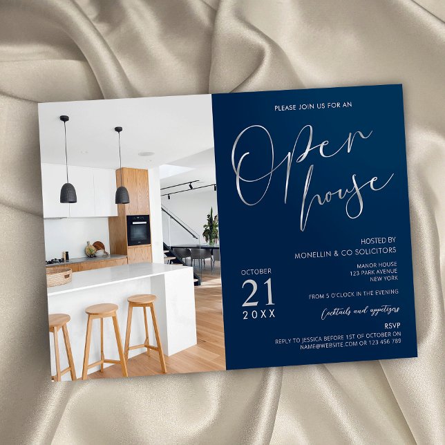 Navy Blue & Silver Business Open House One Photo Invitation (Navy and faux silver business open house photo invitation with modern script fonts)