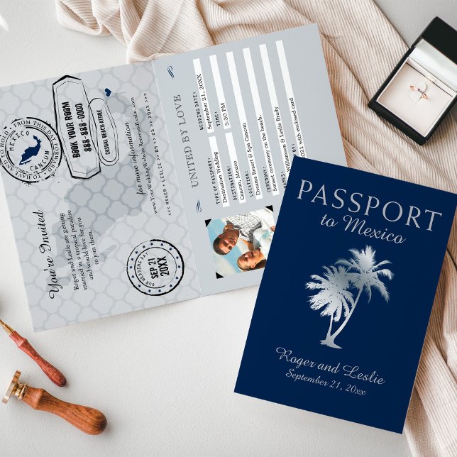 Navy Blue Silver Cancun Mexico Wedding Passport Invitation (Creator Uploaded)