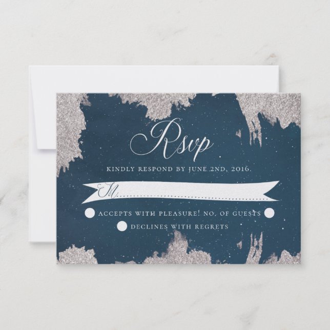 Navy Blue Silver Celestial Star Wedding RSVP Card (Front)