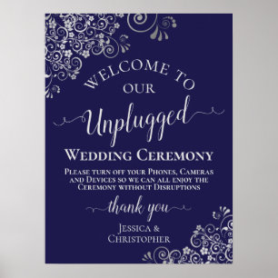 Navy Blue & Silver Chic Unplugged Wedding Ceremony Poster