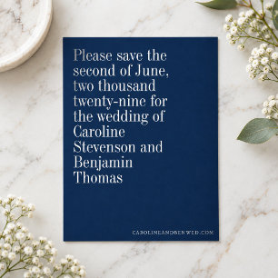 Navy Blue Silver Classic Formal Wedding Save Date Foil Invitation Postcard