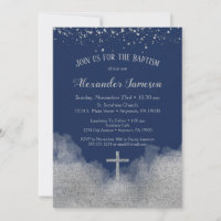 Navy Blue Silver Confetti Baptism Invitation Boy