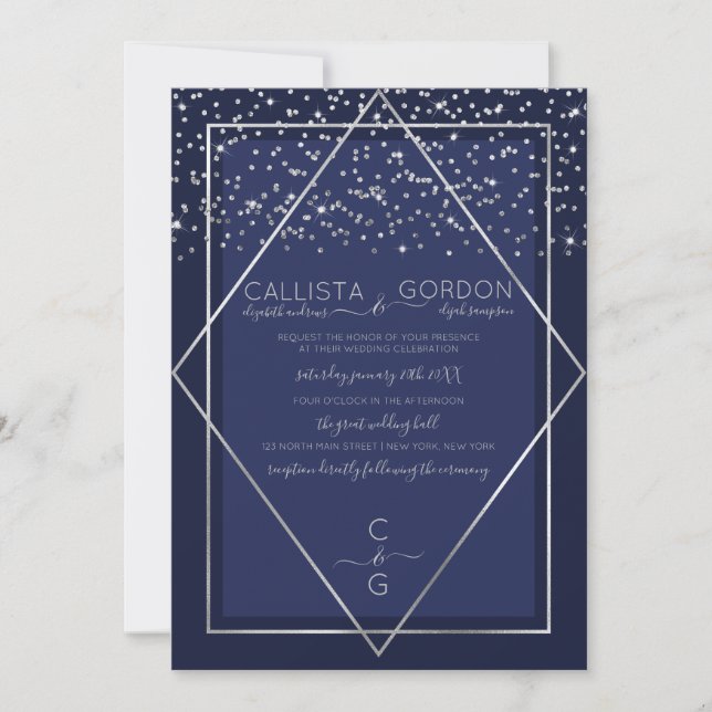 Navy Blue Silver Confetti Geo Border Wedding Invitation (Front)