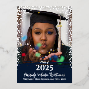 Navy Blue Silver Confetti Graduation Announcement