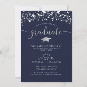 Navy Blue Silver Confetti Stars Graduation Party Invitation
