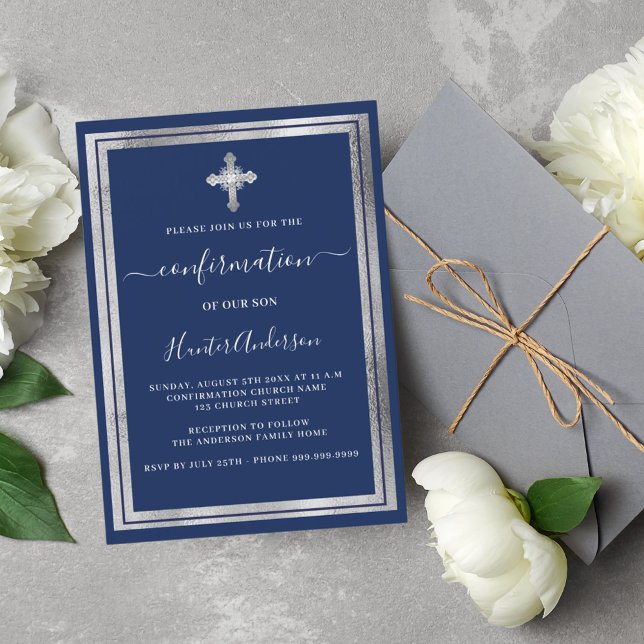 Navy blue silver cross Confirmation Invitation (Creator Uploaded)