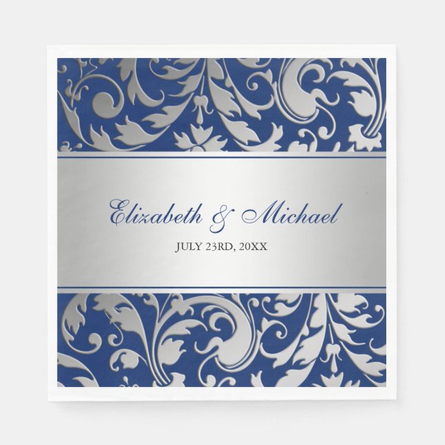 Navy Blue Silver Damask Swirls Wedding Napkin (Front)
