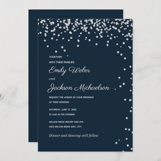 Navy Blue Silver Diamond Confetti Wedding Invitation (Front/Back)