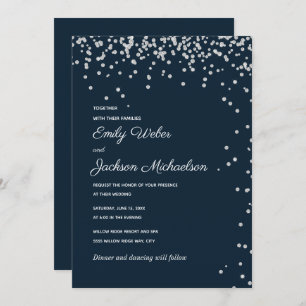 Navy Blue Silver Diamond Confetti Wedding Invitation