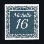 Navy Blue Silver Diamond Glitter 16th Birthday Napkin<br><div class="desc">Elegant navy blue and silver diamond glitter 16th birthday party custom paper napkins personalised with a name,  age,  party date,  and location.</div>