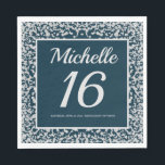Navy Blue Silver Diamond Glitter 16th Birthday Napkin<br><div class="desc">Elegant navy blue and silver diamond glitter 16th birthday party custom paper napkins personalised with a name,  age,  party date,  and location.</div>