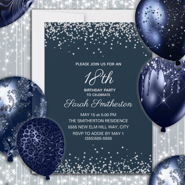 Navy Blue Silver Diamond Glitter 18th Birthday Invitation (Navy blue silver glitter 18th birthday party invitation)