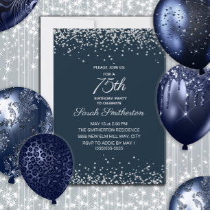 Navy Blue Silver Diamond Glitter 75th Birthday Invitation