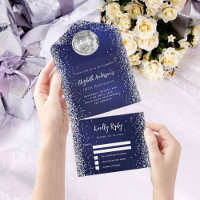 Navy blue silver disco ball glitter birthday rsvp