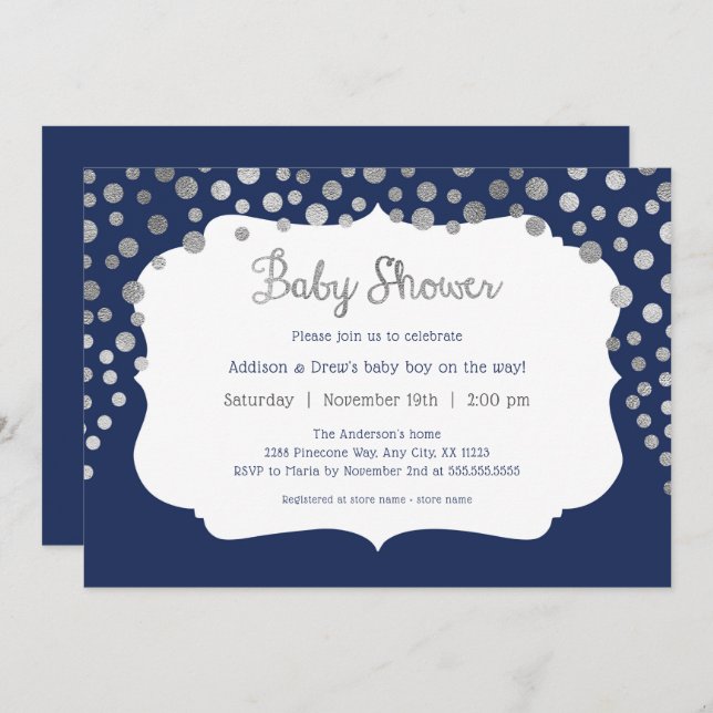 Navy Blue silver dots boy baby shower invitations (Front/Back)