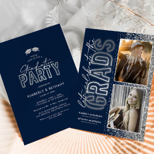 Navy Blue Silver Double Graduation Party Invitation
