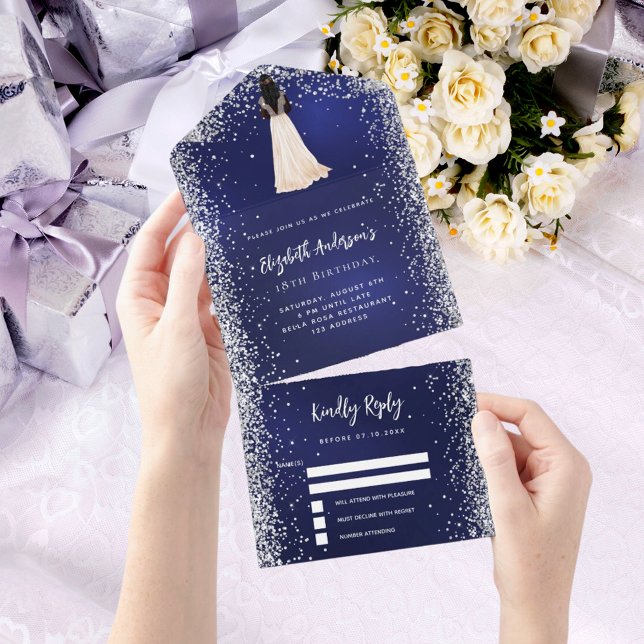 Navy blue silver dress glitter birthday rsvp all in one invitation (Creator Uploaded)