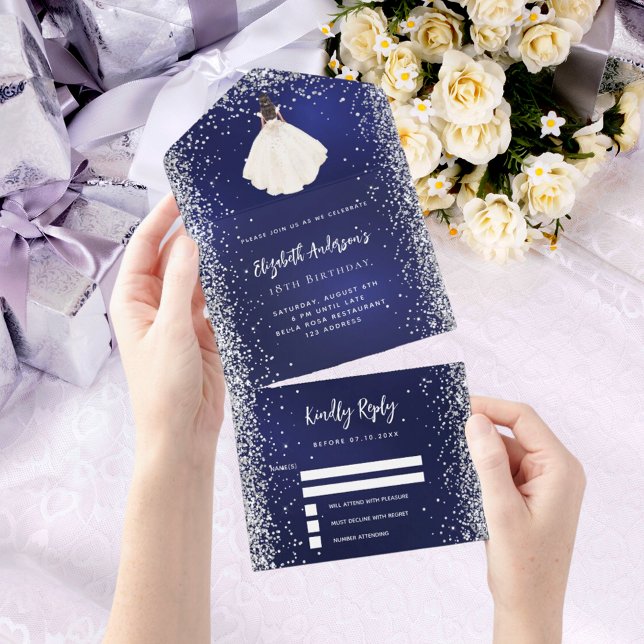 Navy blue silver dress glitter birthday rsvp all in one invitation (Creator Uploaded)