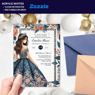 NAVY BLUE Silver Dress Quinceañera Floral Quince Acrylic Invitations