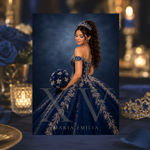 Navy Blue Silver Editorial Quinceañera Invitation