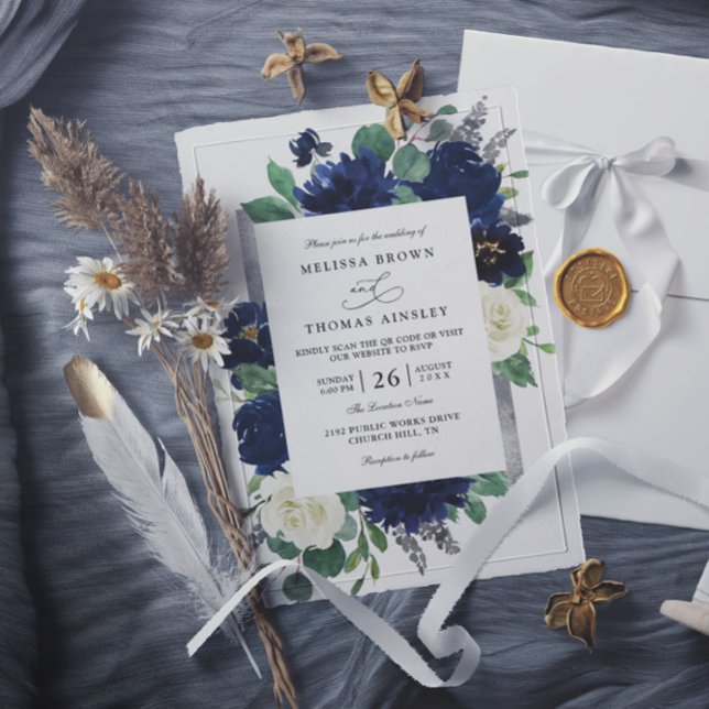 Navy Blue Silver Elegant Floral QR Code Wedding Invitation (Creator Uploaded)