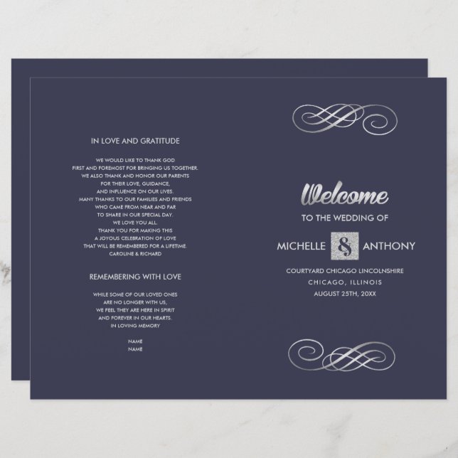 Navy Blue | Silver Elegant Folded Wedding Program (Front/Back)
