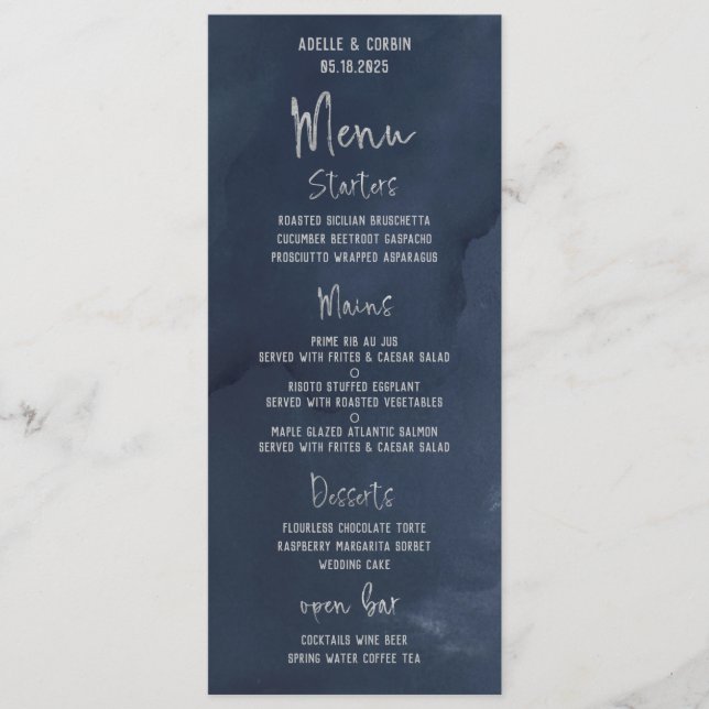 Navy Blue Silver Fancy Calligraphy Script Wedding Menu (Front)