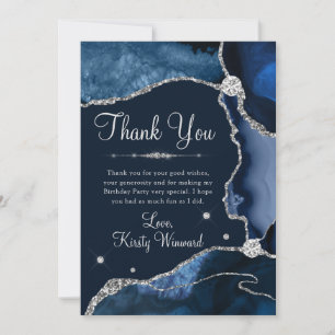 Navy Blue & Silver Faux Glitter Agate Birthday Thank You Card