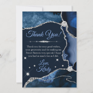 Navy Blue & Silver Faux Glitter Agate Sweet 16 Thank You Card