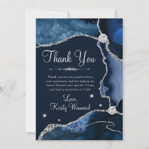 Navy Blue & Silver Faux Glitter Agate Sweet 16 Thank You Card
