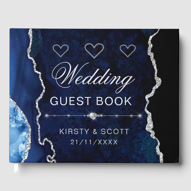 Navy Blue & Silver Faux Glitter Agate Wedding Guest Book (Front)