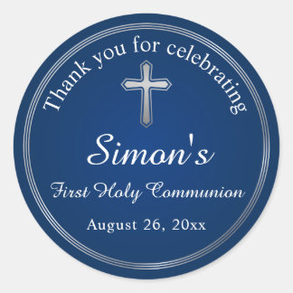 Navy Blue Silver First Holy Communion Classic Round Sticker