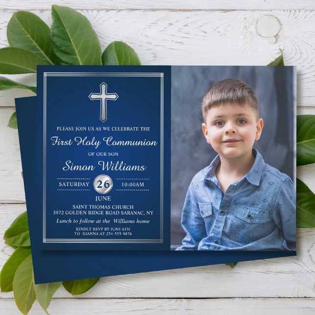 Navy Blue Silver First Holy Communion Photo Invitation (Creator Uploaded)