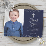 Navy Blue Silver First Holy Communion Photo Thank You Card<br><div class="desc">Featuring delicate silver stardust,  you can personalise with your special first holy communion thank you message in chic text on a navy blue background. Designed by Thisisnotme©</div>