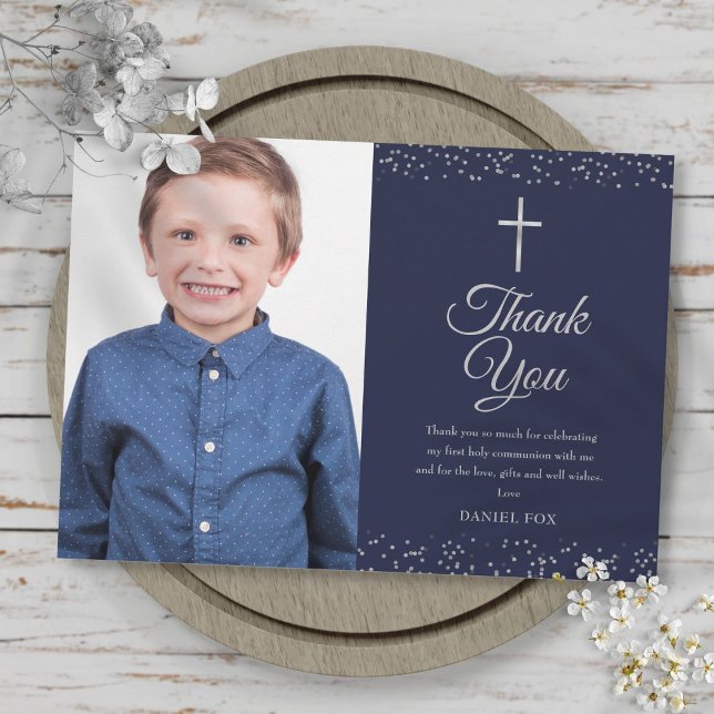 Navy Blue Silver First Holy Communion Photo Thank You Card (Creator Uploaded)